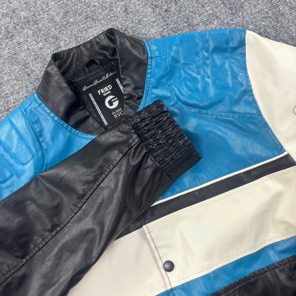 Fried Denim Bomber Jacket Large Blue White Black Colorblock Moto Mens